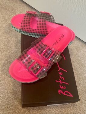 Betsey Johnson Pink and Green Transparent Buckle Slide Sandals